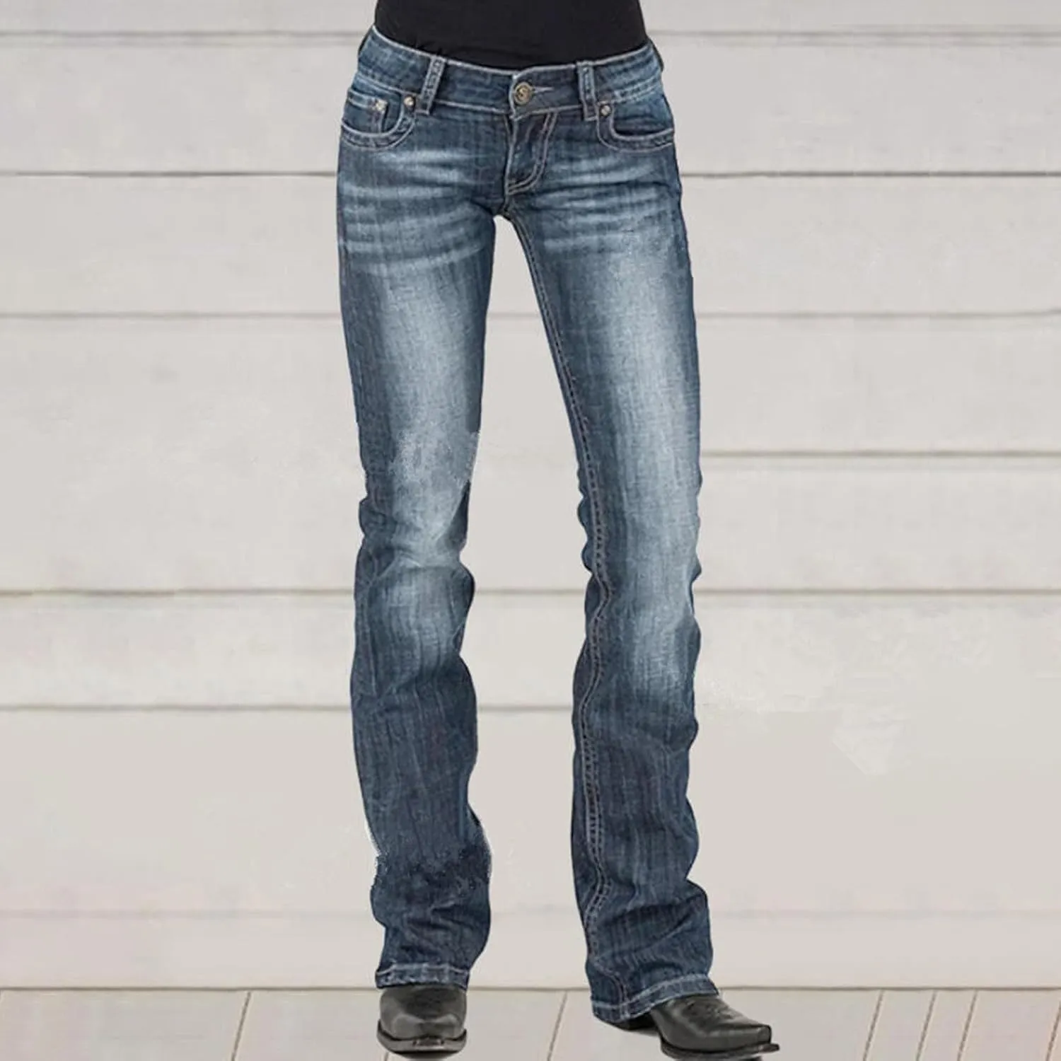 Women Mid Waisted Denim Jeans Embroidery Stretch Button Straight Pants Jeans Ladies Embroidered Jean Pants Women Stretch