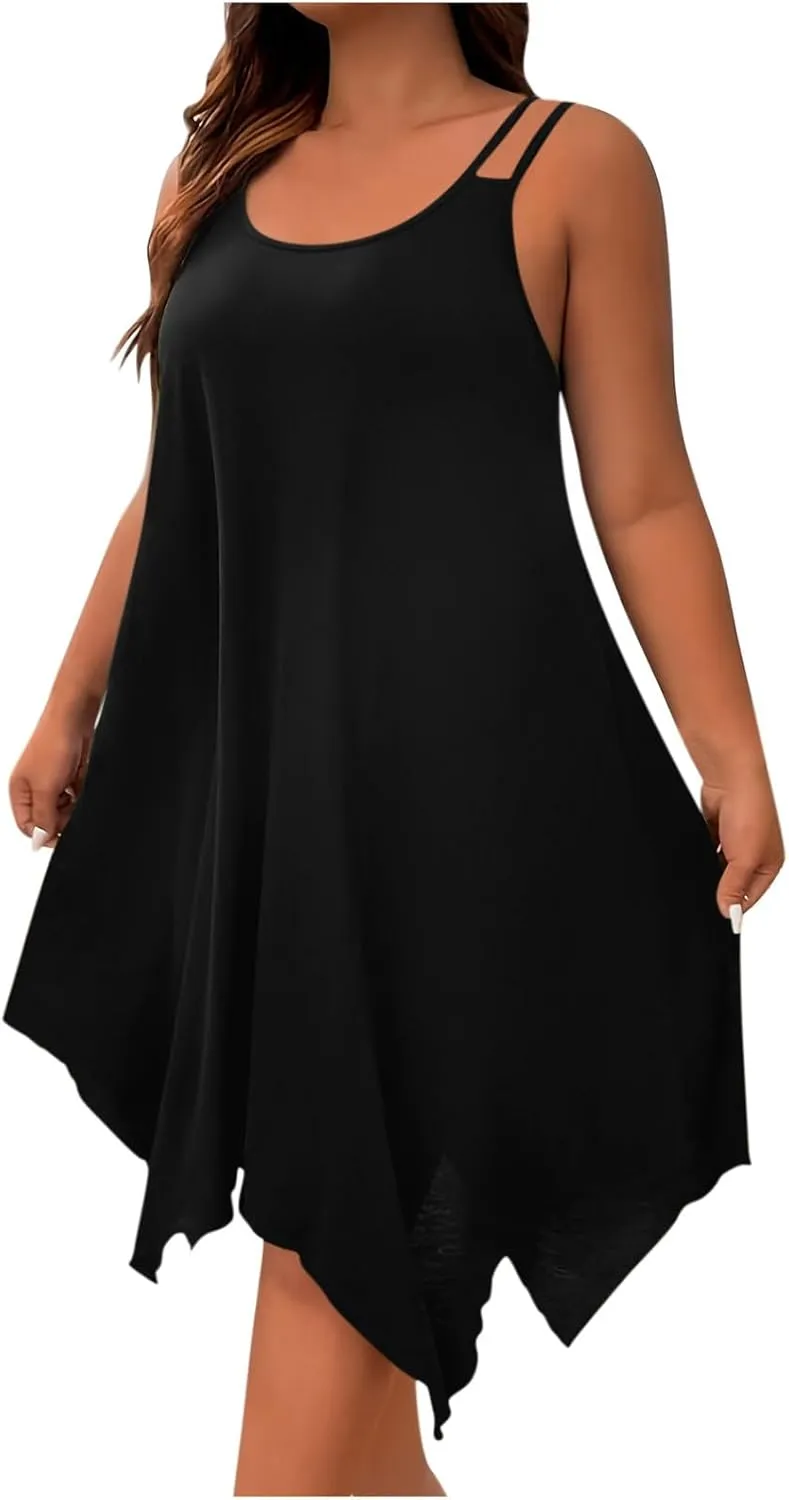 Women Plus Size Dresses Summer Spaghetti Strap Sundress Irregular Hem Midi Tank Dress 2025 Beach Fashion