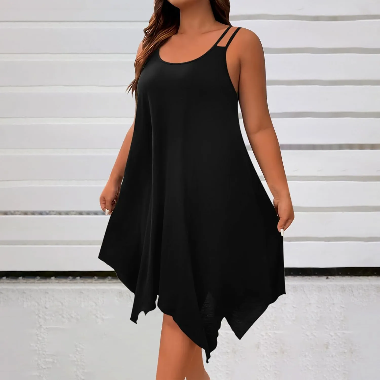 Women Plus Size Dresses Summer Spaghetti Strap Sundress Irregular Hem Midi Tank Dress 2025 Beach Fashion