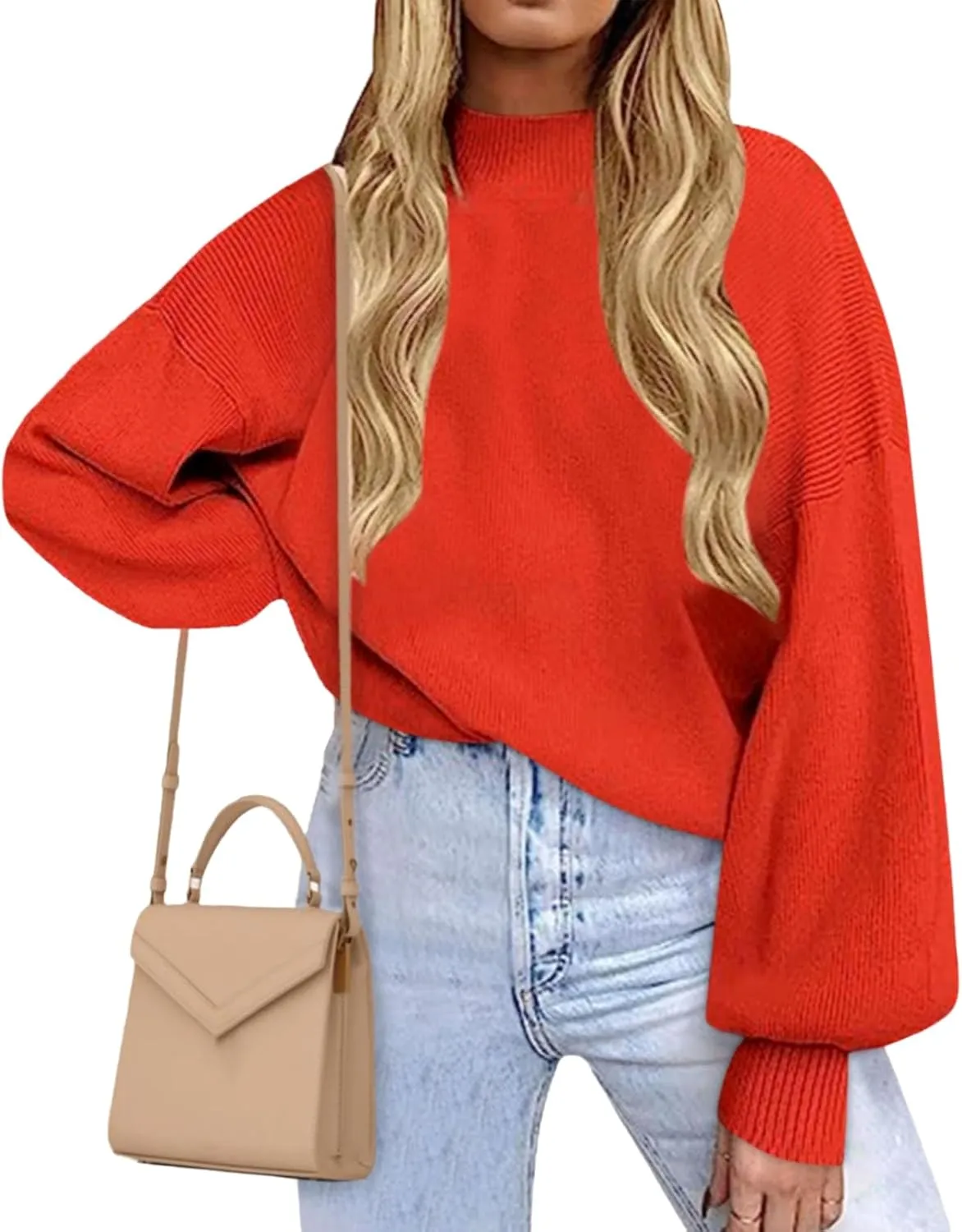 Womens Casual Turtleneck Sweaters Oversized Loose Ribbed Knit Pullover Tops Long Lantern Sleeve Jumper