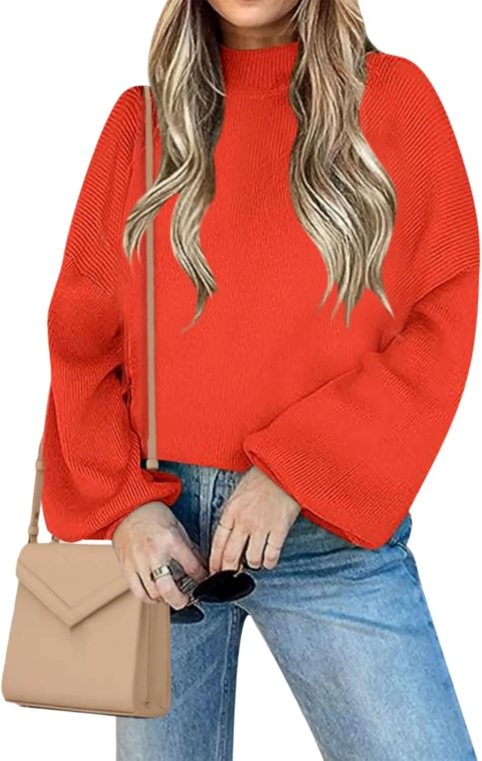 Womens Casual Turtleneck Sweaters Oversized Loose Ribbed Knit Pullover Tops Long Lantern Sleeve Jumper