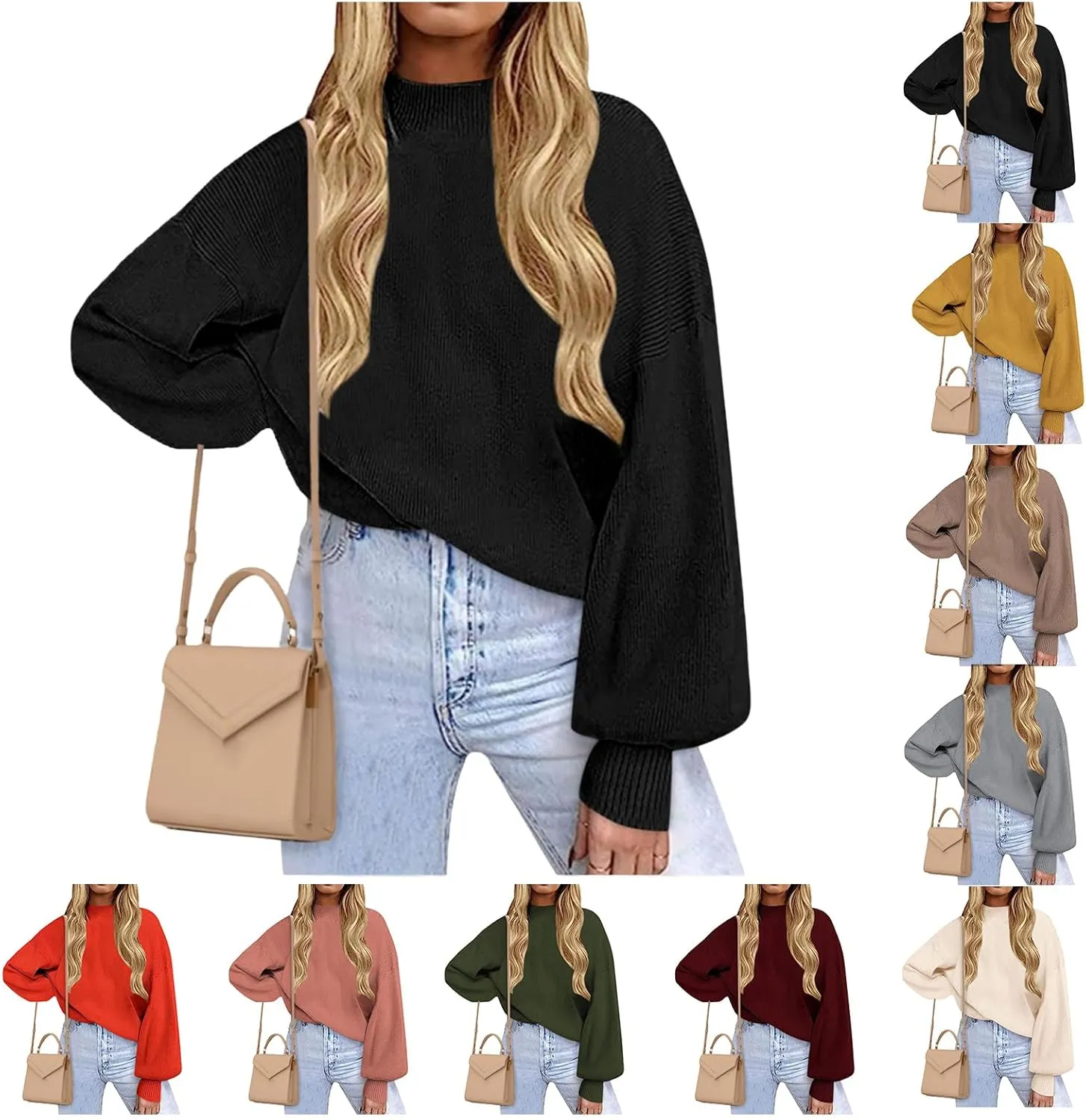 Womens Casual Turtleneck Sweaters Oversized Loose Ribbed Knit Pullover Tops Long Lantern Sleeve Jumper