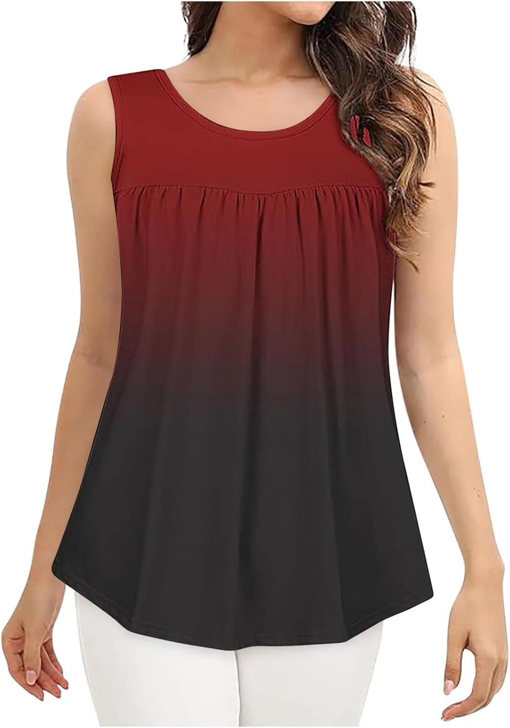 Women's Gradient Tank Tops Summer 2025 Sleeveless Round Neck Pleated Shirt Trendy Casual Loose Beach Vacation Outfits