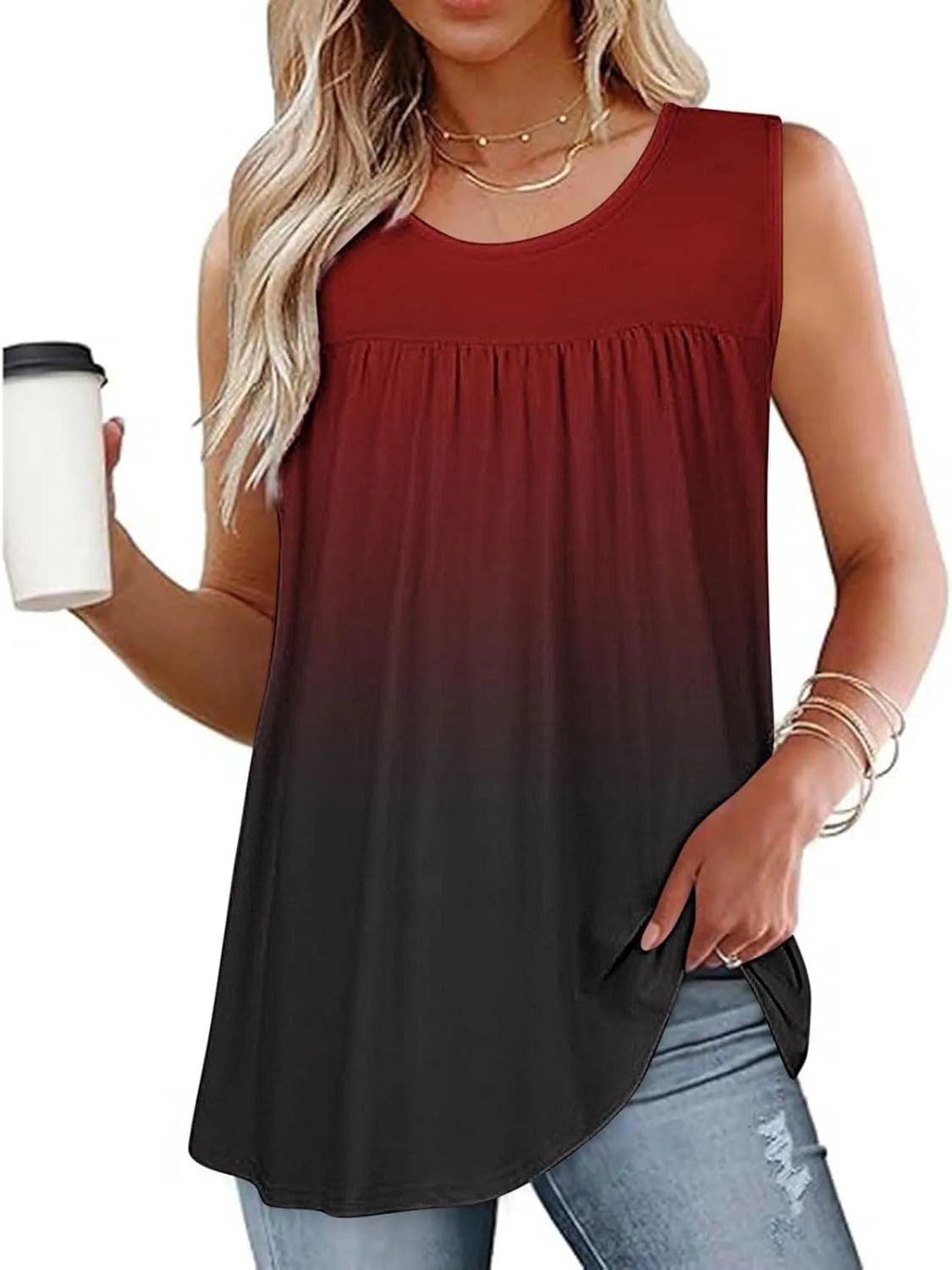 Women's Gradient Tank Tops Summer 2025 Sleeveless Round Neck Pleated Shirt Trendy Casual Loose Beach Vacation Outfits