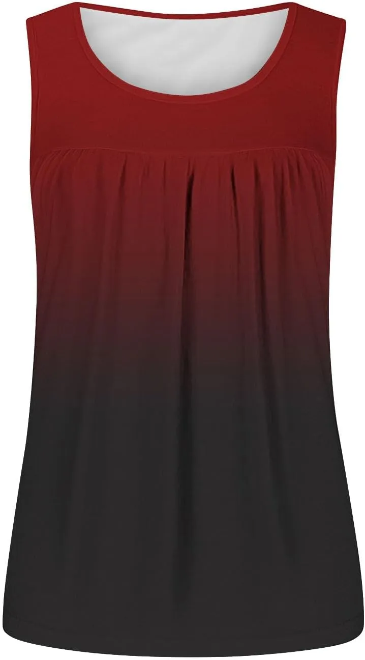 Women's Gradient Tank Tops Summer 2025 Sleeveless Round Neck Pleated Shirt Trendy Casual Loose Beach Vacation Outfits