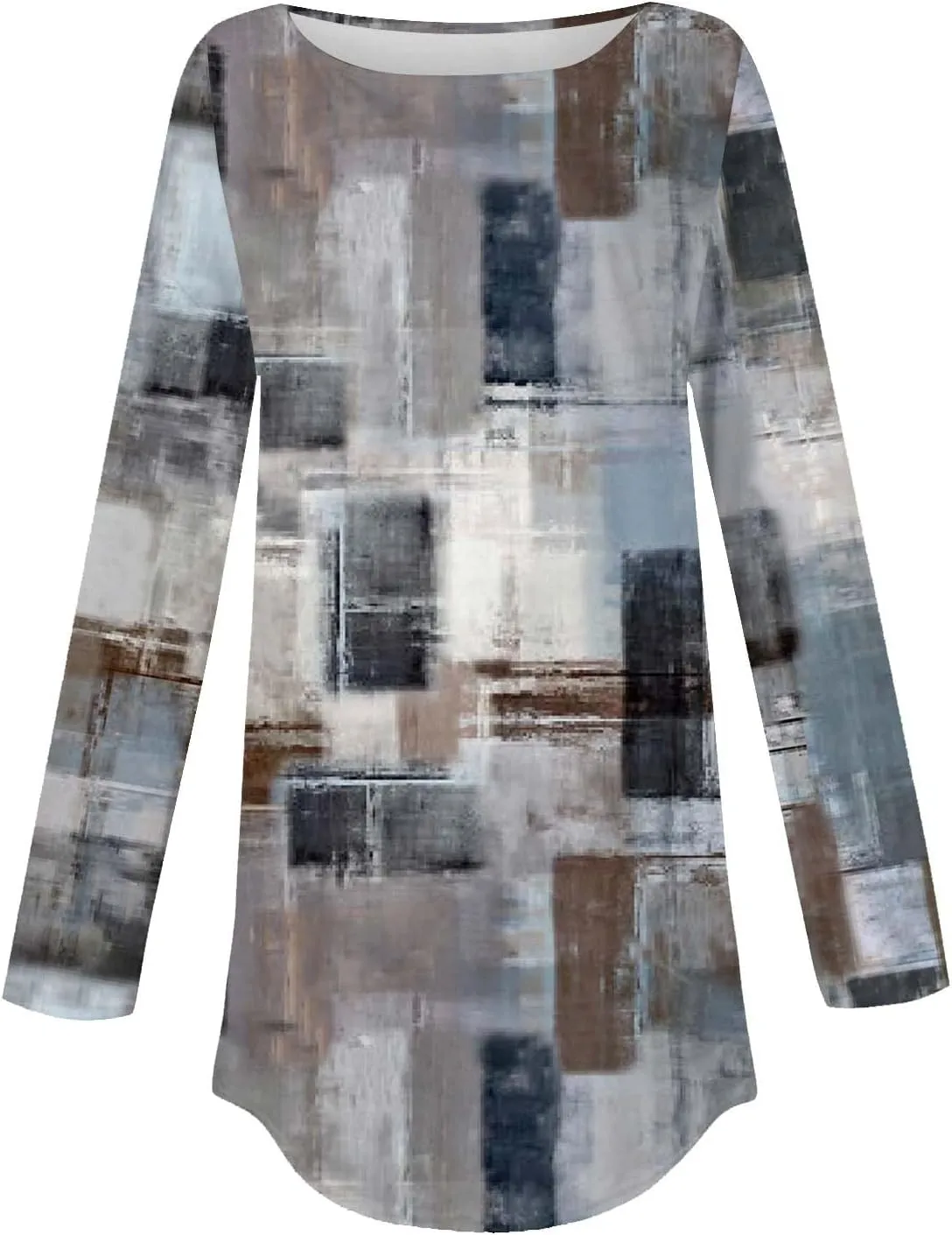 Womens Long Sleeve Round Neck Printed Shirt Trendy Lightweight Strip Plaid Basic Blouses Soft Sport Style Casual Tops