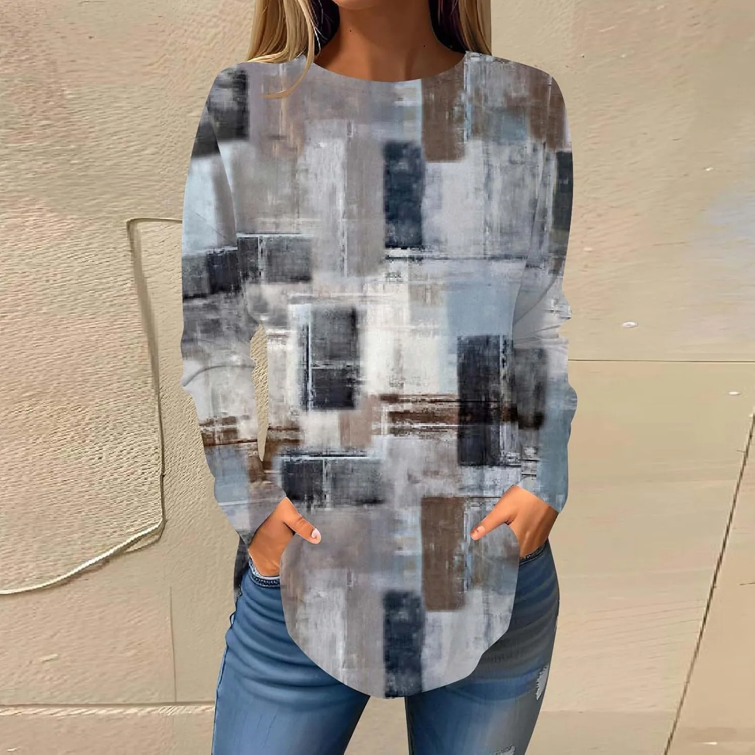 Womens Long Sleeve Round Neck Printed Shirt Trendy Lightweight Strip Plaid Basic Blouses Soft Sport Style Casual Tops
