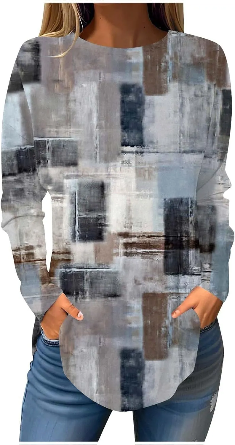 Womens Long Sleeve Round Neck Printed Shirt Trendy Lightweight Strip Plaid Basic Blouses Soft Sport Style Casual Tops