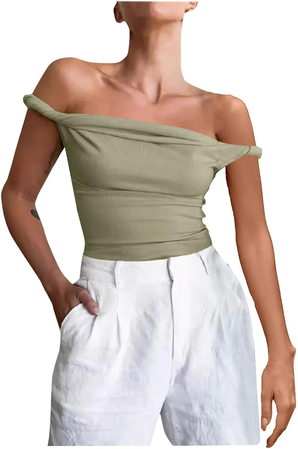 Women's Off Shoulder Crop Tops 2025 Summer Sleeveless Slim Stretchy Casual T Shirts Y2k Trendy Going Out Tank Tops