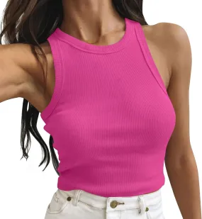 Women's Ribbed Knitted Tank Tops Round Neck Slim Basic Sleeveless Tee Shirts Summer Casual Workout Athletic Shirts