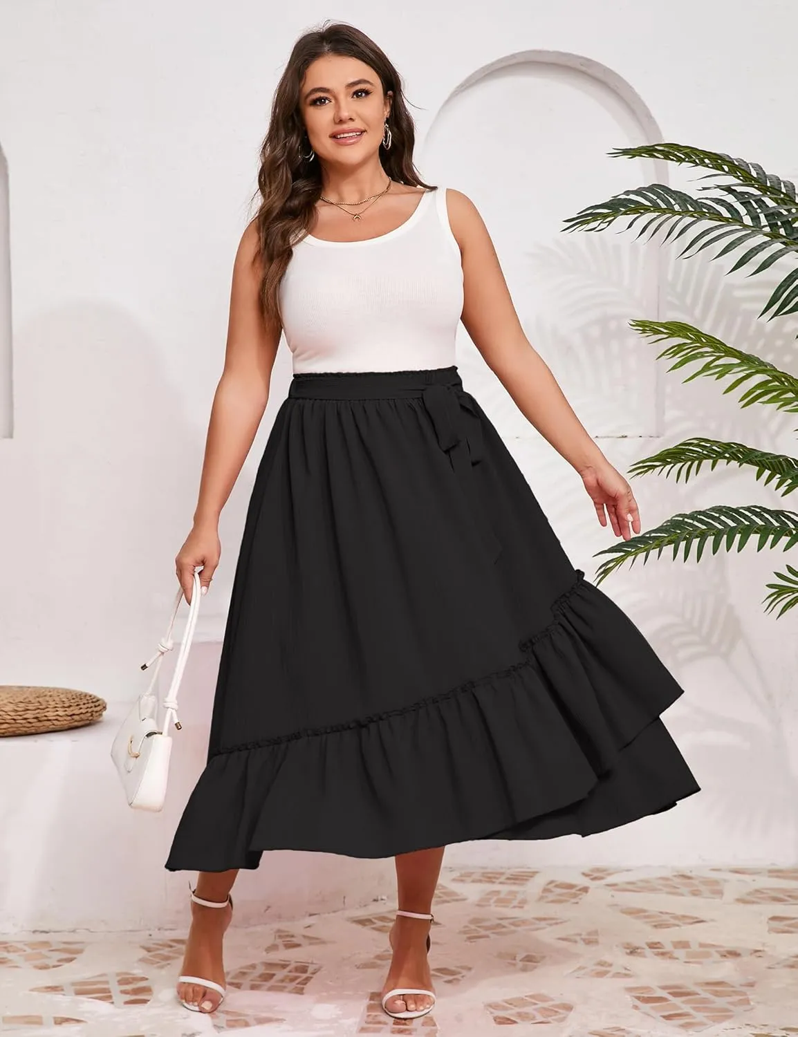 Women's Summer High Waist Skirt Boho Tie Knot Maxi Skirt for Women Casual Beach Ruffled Swing A line Skirts Plus Size