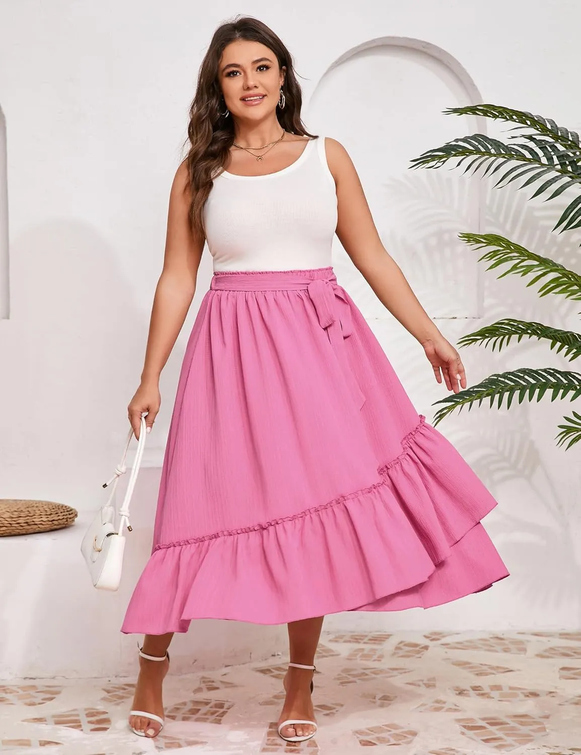 Women's Summer High Waist Skirt Boho Tie Knot Maxi Skirt for Women Casual Beach Ruffled Swing A line Skirts Plus Size