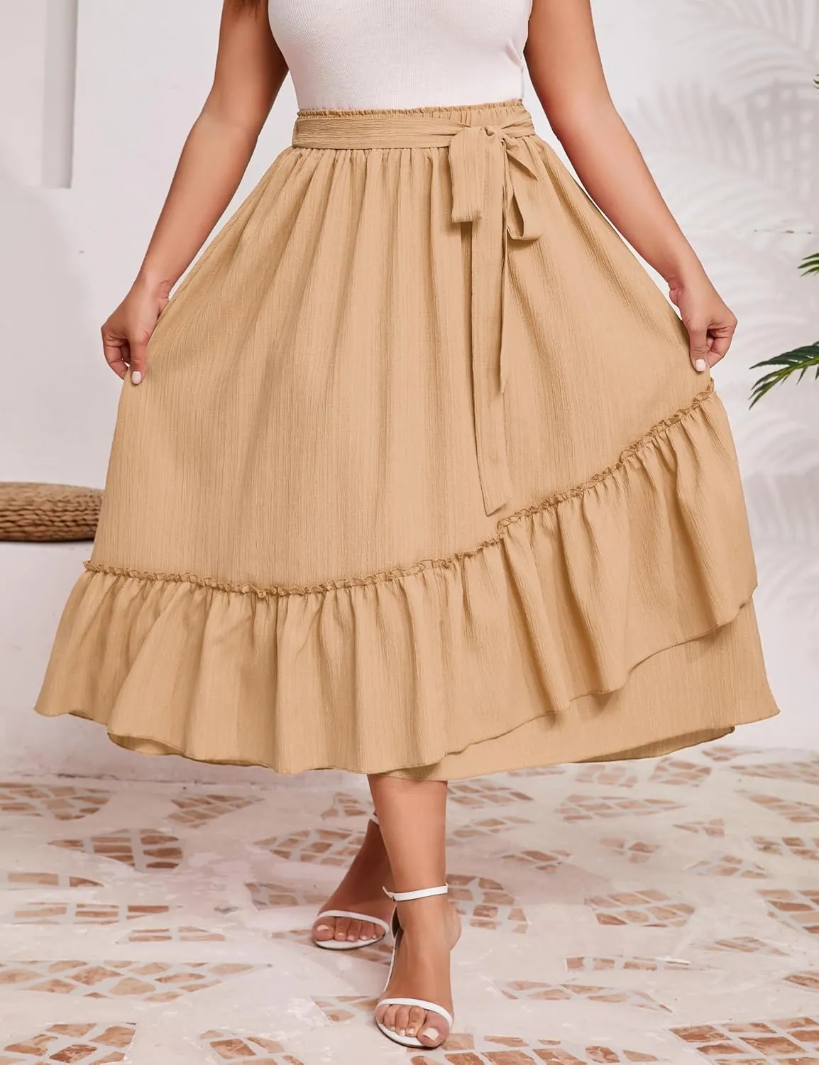 Women's Summer High Waist Skirt Boho Tie Knot Maxi Skirt for Women Casual Beach Ruffled Swing A line Skirts Plus Size