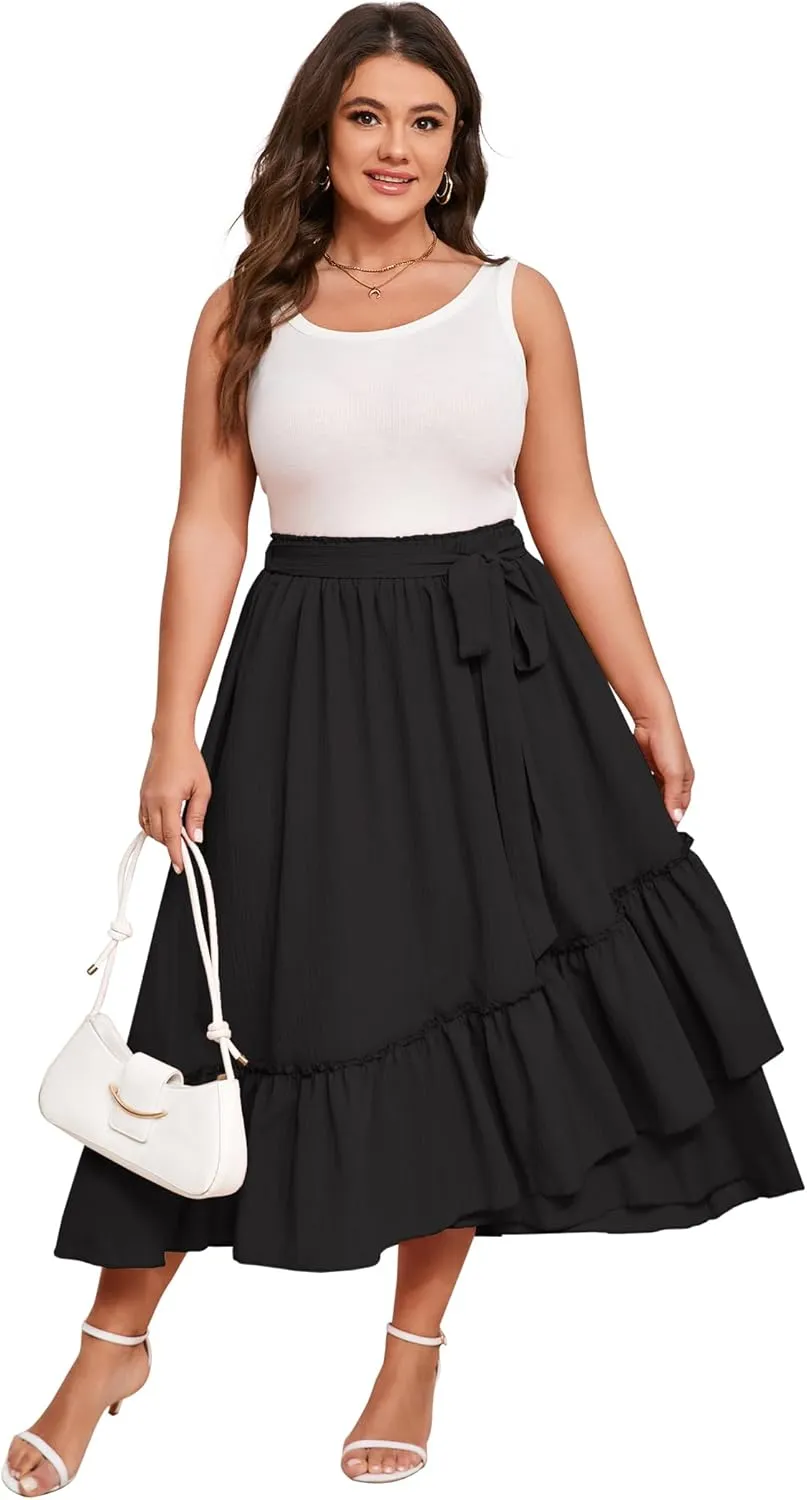 Women's Summer High Waist Skirt Boho Tie Knot Maxi Skirt for Women Casual Beach Ruffled Swing A line Skirts Plus Size