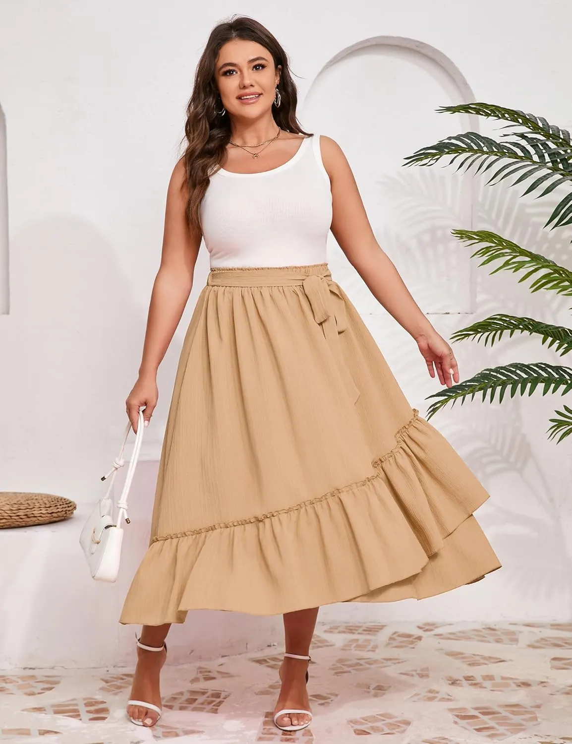 Women's Summer High Waist Skirt Boho Tie Knot Maxi Skirt for Women Casual Beach Ruffled Swing A line Skirts Plus Size