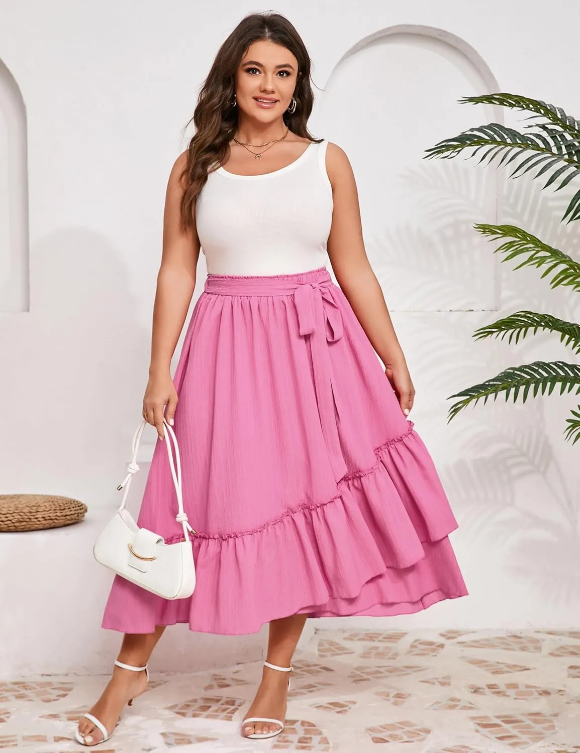Women's Summer High Waist Skirt Boho Tie Knot Maxi Skirt for Women Casual Beach Ruffled Swing A line Skirts Plus Size