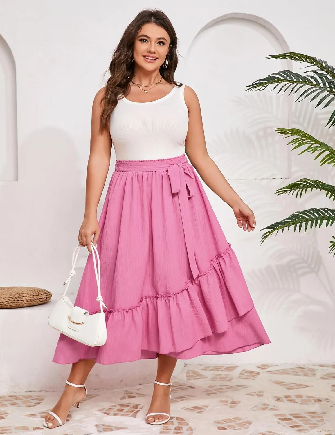 Women's Summer High Waist Skirt Boho Tie Knot Maxi Skirt for Women Casual Beach Ruffled Swing A line Skirts Plus Size