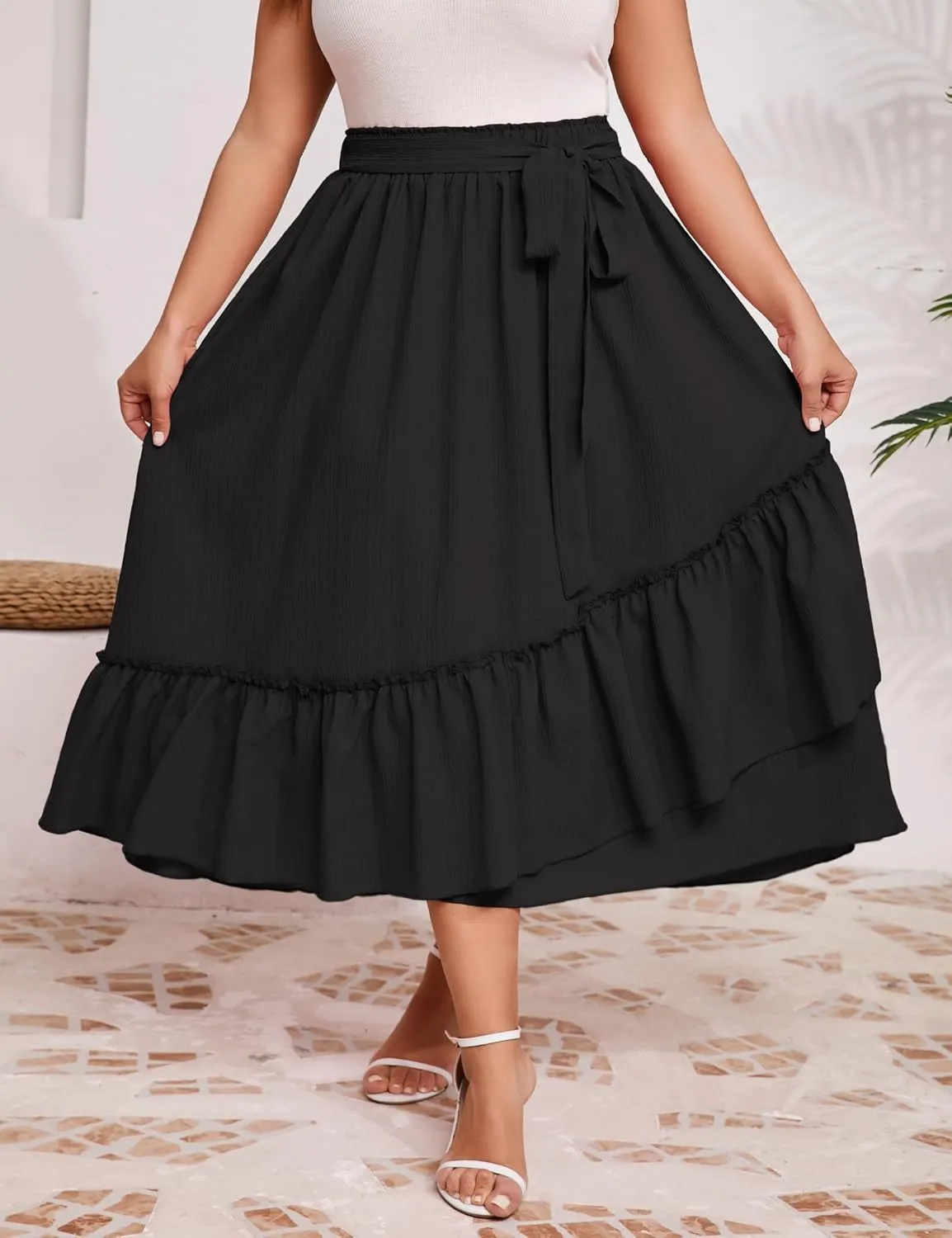 Women's Summer High Waist Skirt Boho Tie Knot Maxi Skirt for Women Casual Beach Ruffled Swing A line Skirts Plus Size