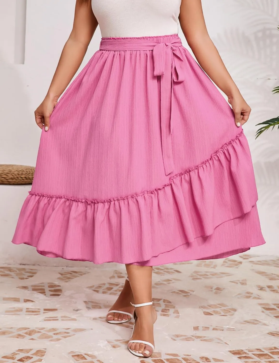 Women's Summer High Waist Skirt Boho Tie Knot Maxi Skirt for Women Casual Beach Ruffled Swing A line Skirts Plus Size