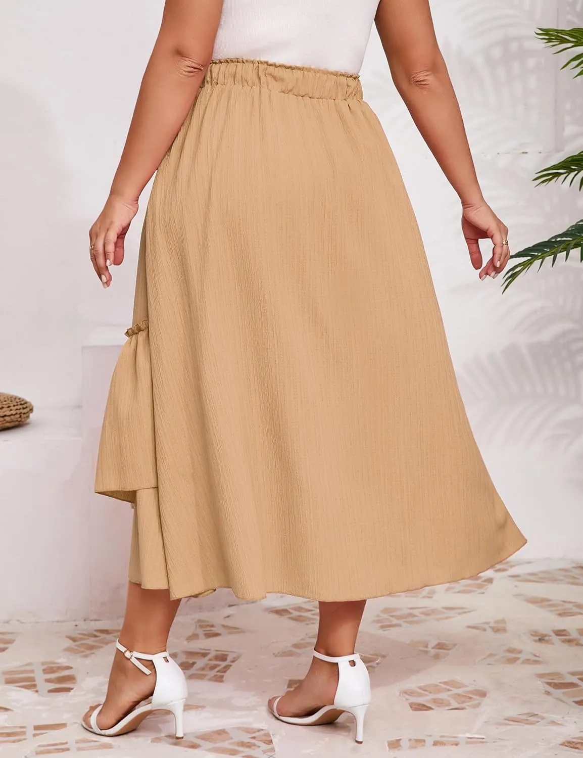 Women's Summer High Waist Skirt Boho Tie Knot Maxi Skirt for Women Casual Beach Ruffled Swing A line Skirts Plus Size