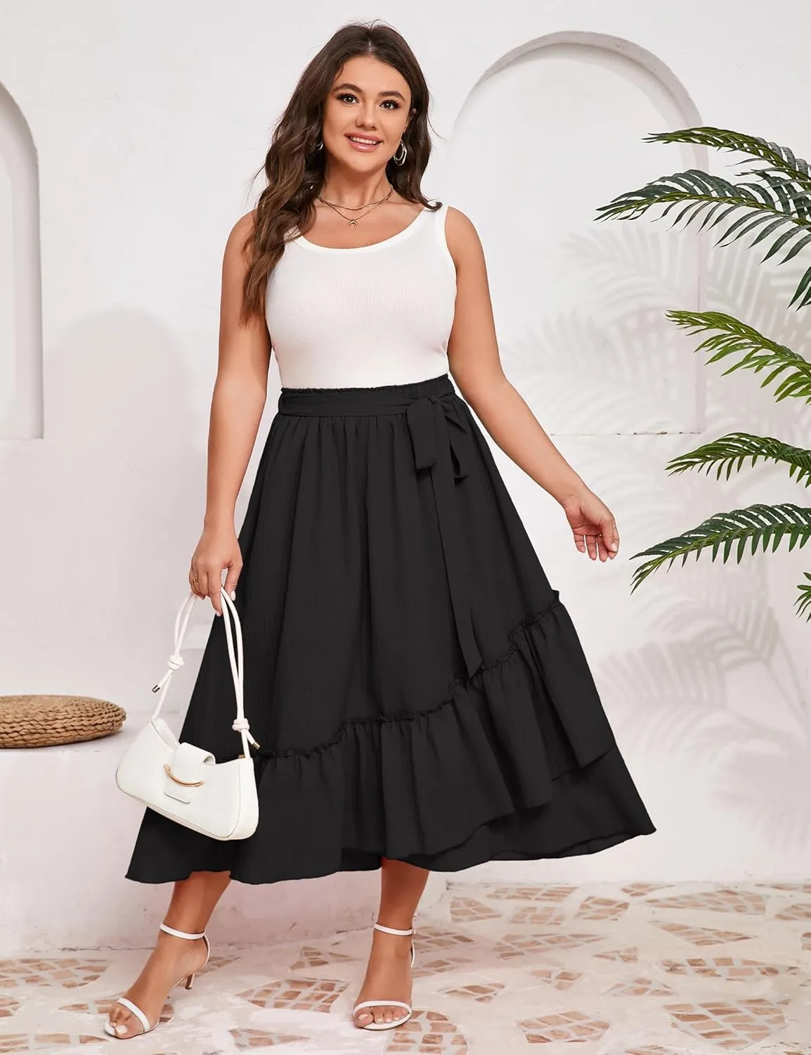 Women's Summer High Waist Skirt Boho Tie Knot Maxi Skirt for Women Casual Beach Ruffled Swing A line Skirts Plus Size