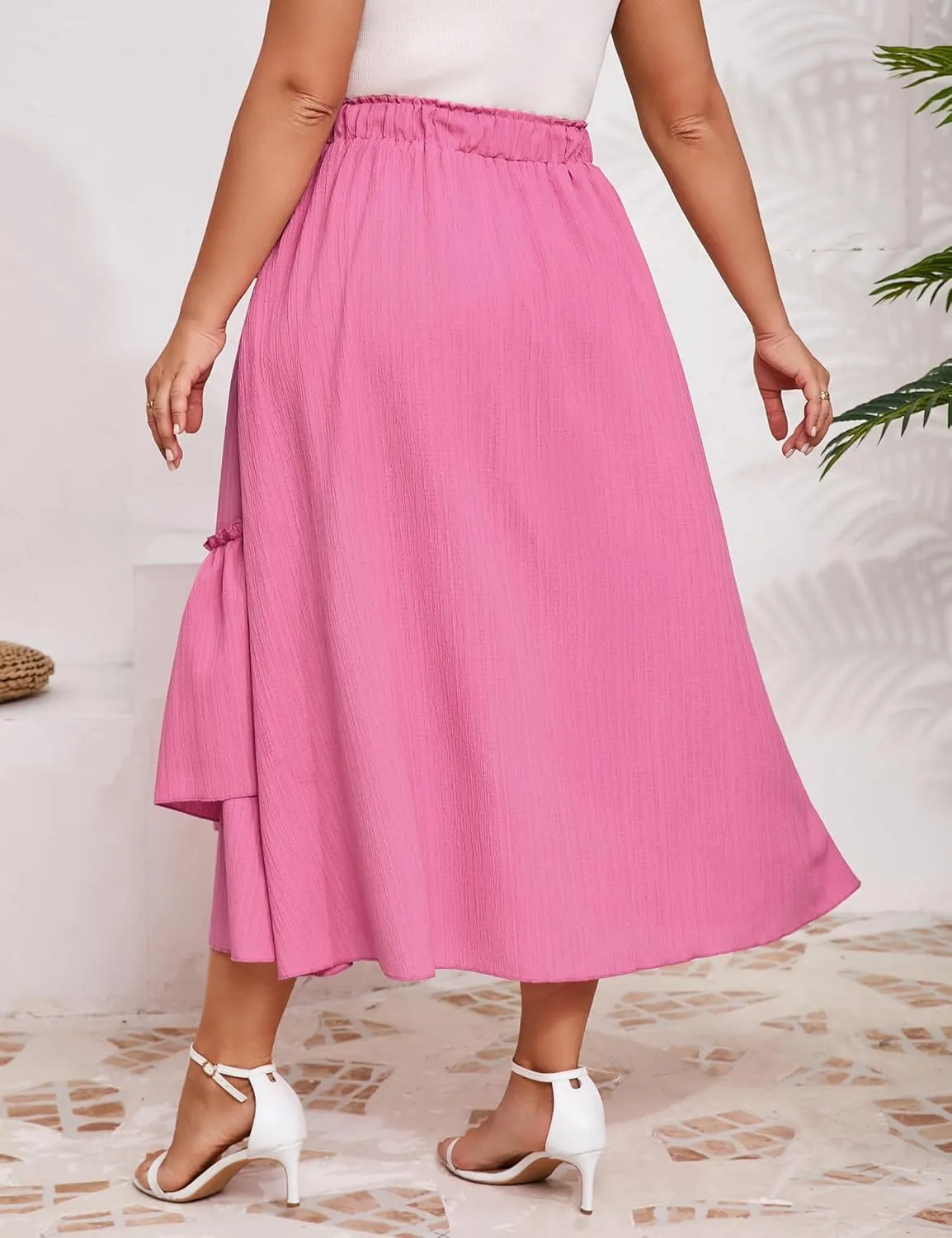 Women's Summer High Waist Skirt Boho Tie Knot Maxi Skirt for Women Casual Beach Ruffled Swing A line Skirts Plus Size