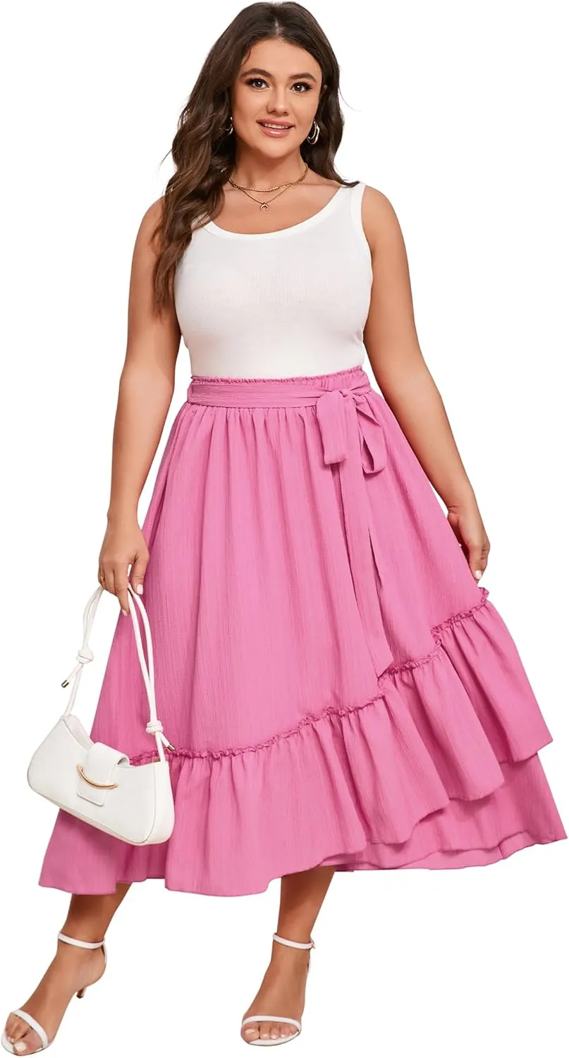 Women's Summer High Waist Skirt Boho Tie Knot Maxi Skirt for Women Casual Beach Ruffled Swing A line Skirts Plus Size