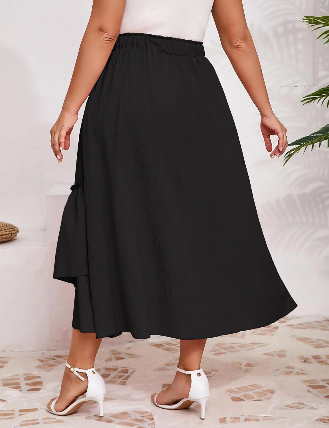 Women's Summer High Waist Skirt Boho Tie Knot Maxi Skirt for Women Casual Beach Ruffled Swing A line Skirts Plus Size