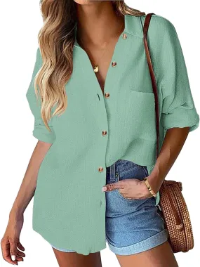 Womens Summer Tops Casual Linen Button Down Shirt V Neck Collared Long Sleeve Shirts Loose Fit Beach Tops with Pocket