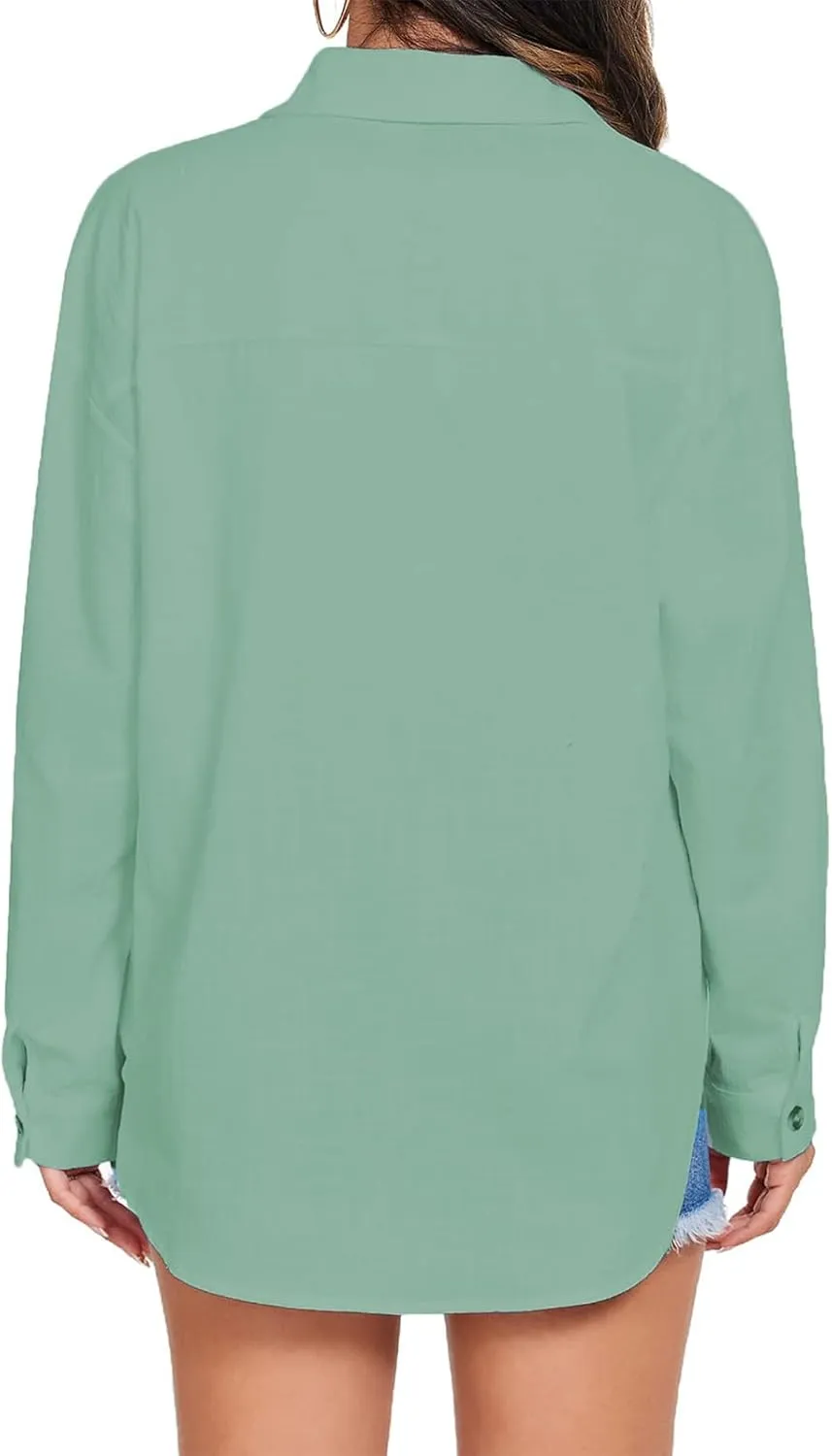 Womens Summer Tops Casual Linen Button Down Shirt V Neck Collared Long Sleeve Shirts Loose Fit Beach Tops with Pocket