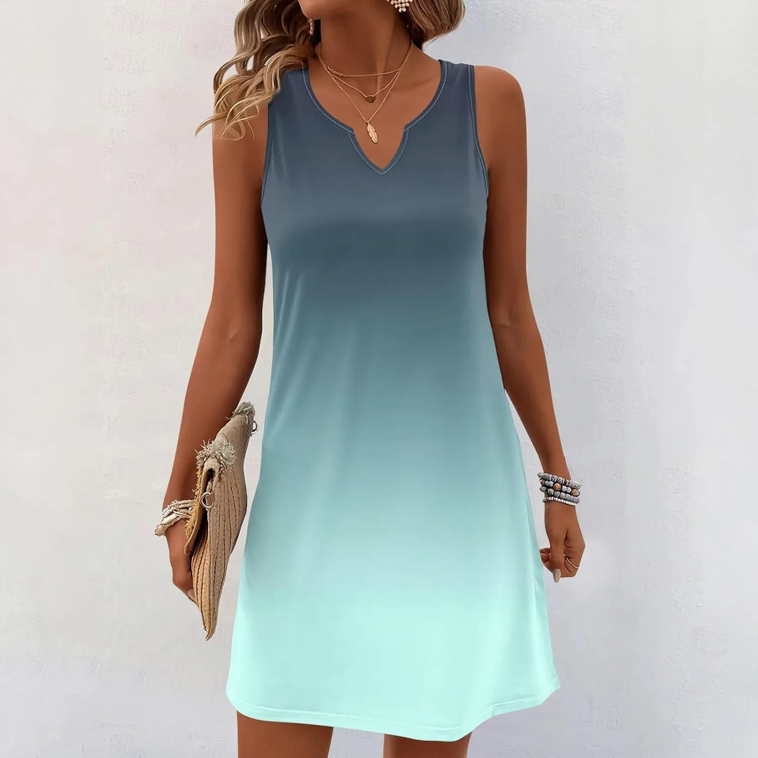 Women's Tank Nightgown Dresses V Neck Sleepshirts Soft Dress Sleeveless Solid Color Chemise Nightdress S-XXL