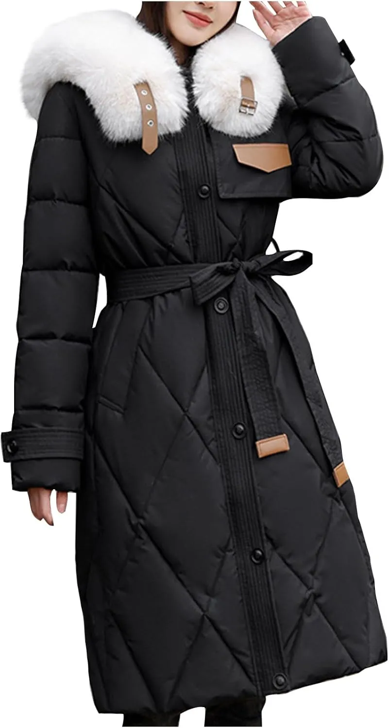 Womens Winter Coats Faux Fur Collar Warm Long Puffer Jackets Thicken Warm Outerwear Down Coats Parkas Quilted Jackets