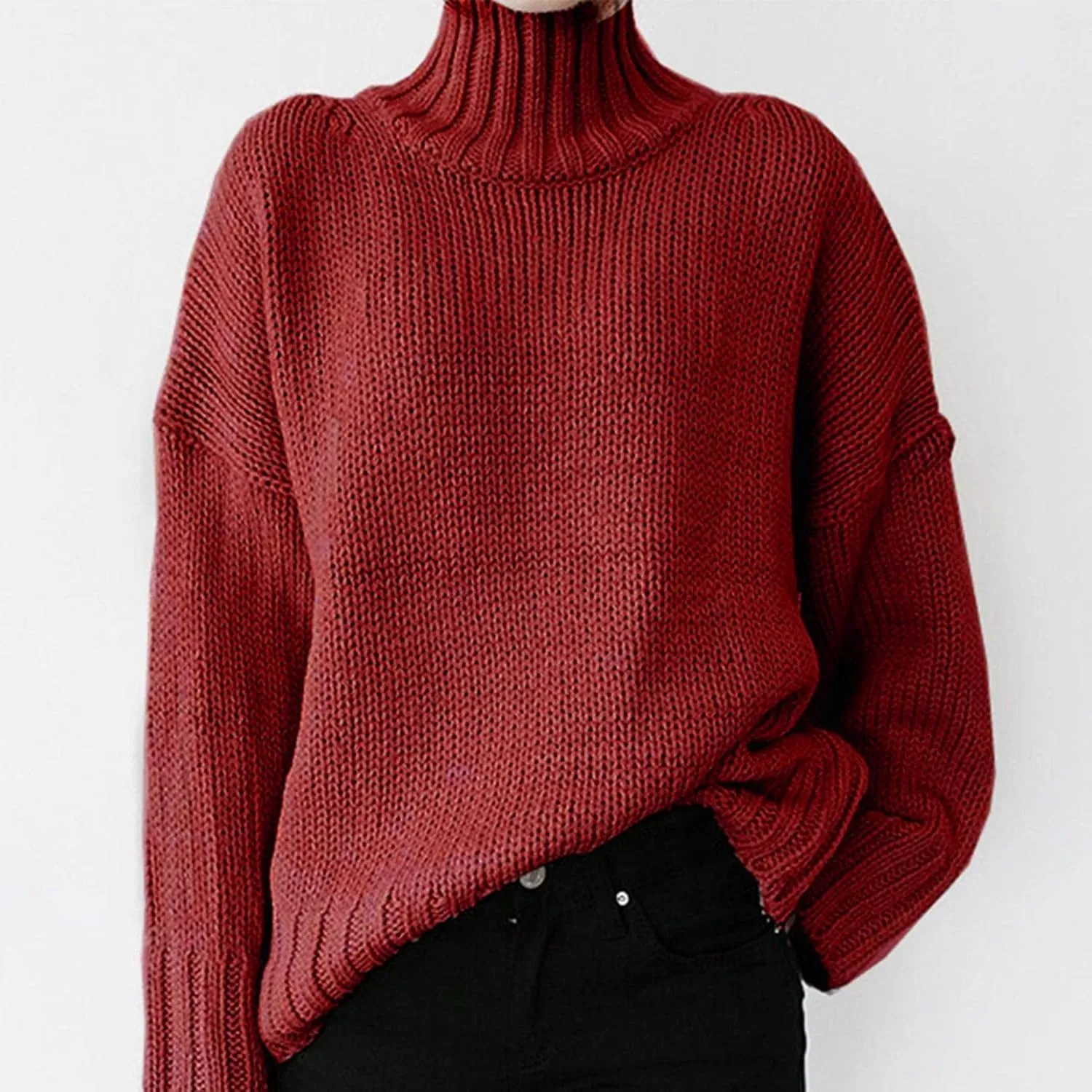 WUAI-Women Turtleneck Oversized Sweater Casual Long Sleeve Cable Knit Oversized Soft Slouchy Loose Pullover Jumper Tops