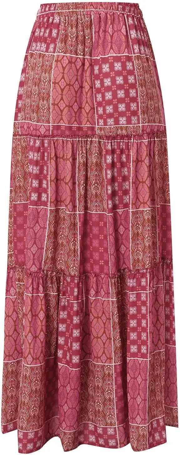 ZYXTIM Women Boho Maxi Skirt High Waist Floral Print Pleated A-Line Dress Trendy Flowy Swing Tiered Long Beach Skirt Dress