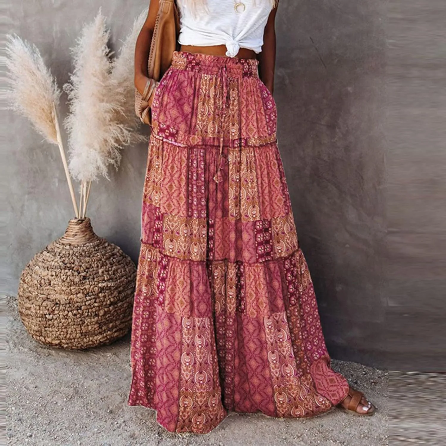 ZYXTIM Women Boho Maxi Skirt High Waist Floral Print Pleated A-Line Dress Trendy Flowy Swing Tiered Long Beach Skirt Dress
