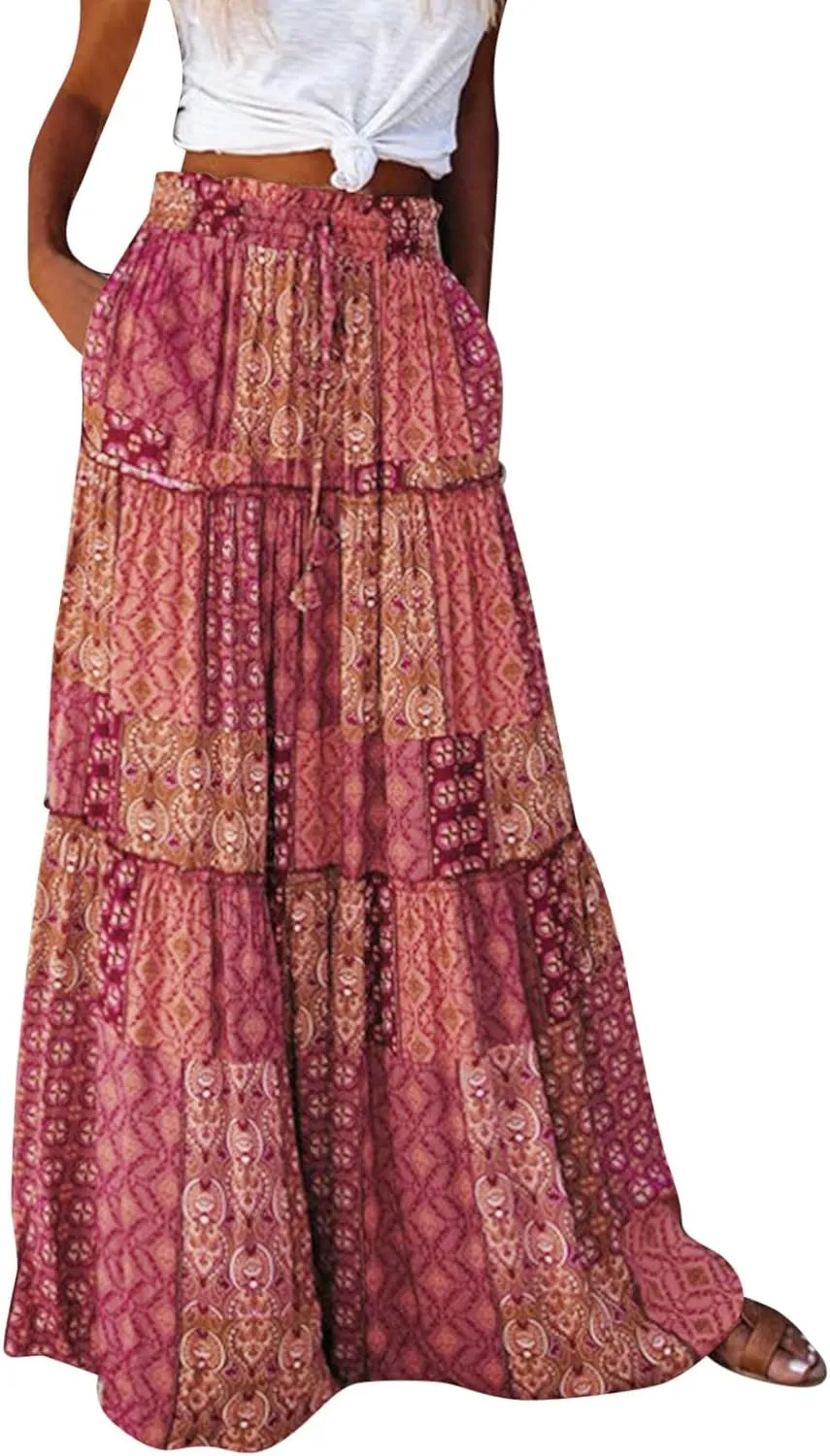 ZYXTIM Women Boho Maxi Skirt High Waist Floral Print Pleated A-Line Dress Trendy Flowy Swing Tiered Long Beach Skirt Dress
